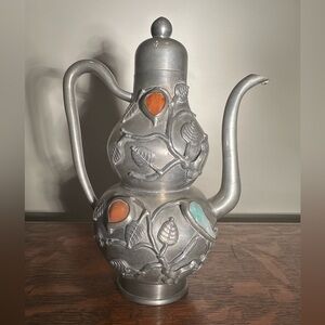 Ornate Pewter Gourd-Shaped Ewer With Precious Gems 8inch